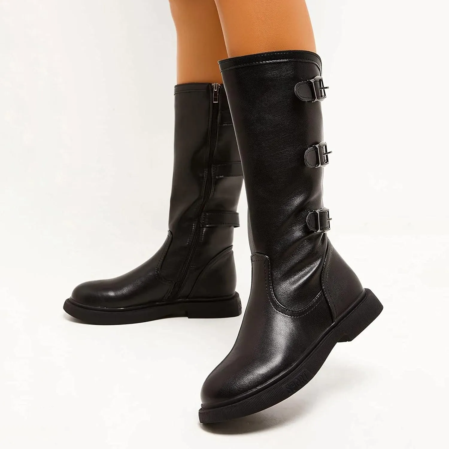 Bcshiye Women Round Toe Mid Calf Winter Boots Slip On Waterproof Riding Boots With Zipper Fashion Buckle Strap Snow Boots