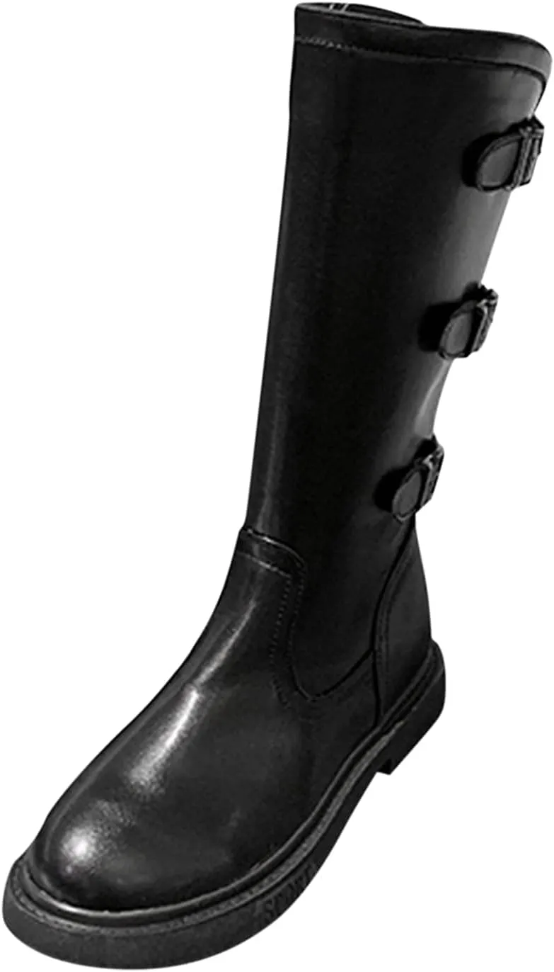 Bcshiye Women Round Toe Mid Calf Winter Boots Slip On Waterproof Riding Boots With Zipper Fashion Buckle Strap Snow Boots