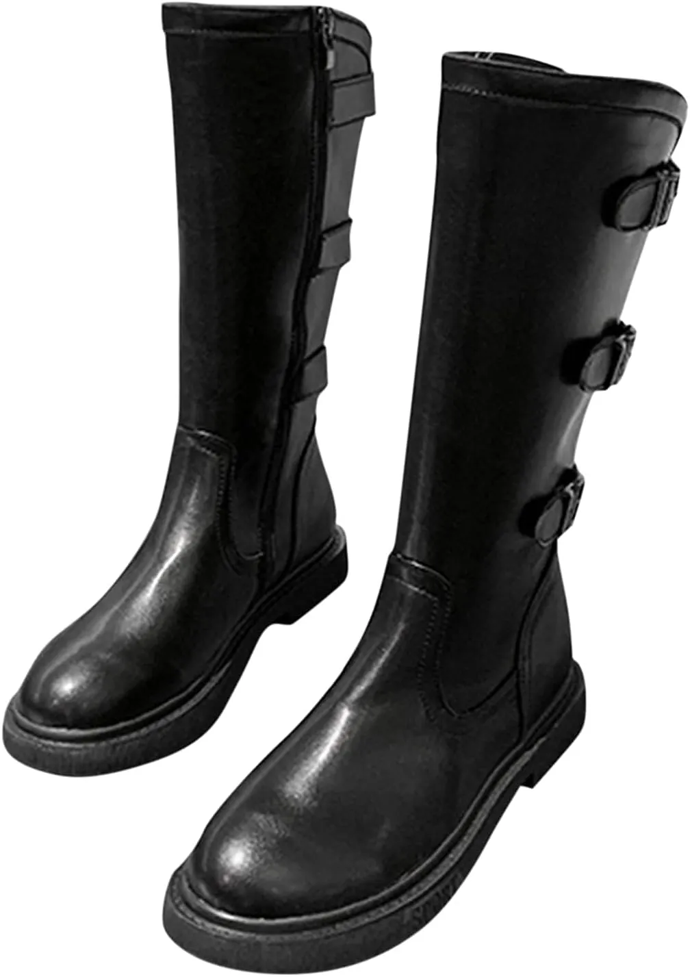 Bcshiye Women Round Toe Mid Calf Winter Boots Slip On Waterproof Riding Boots With Zipper Fashion Buckle Strap Snow Boots