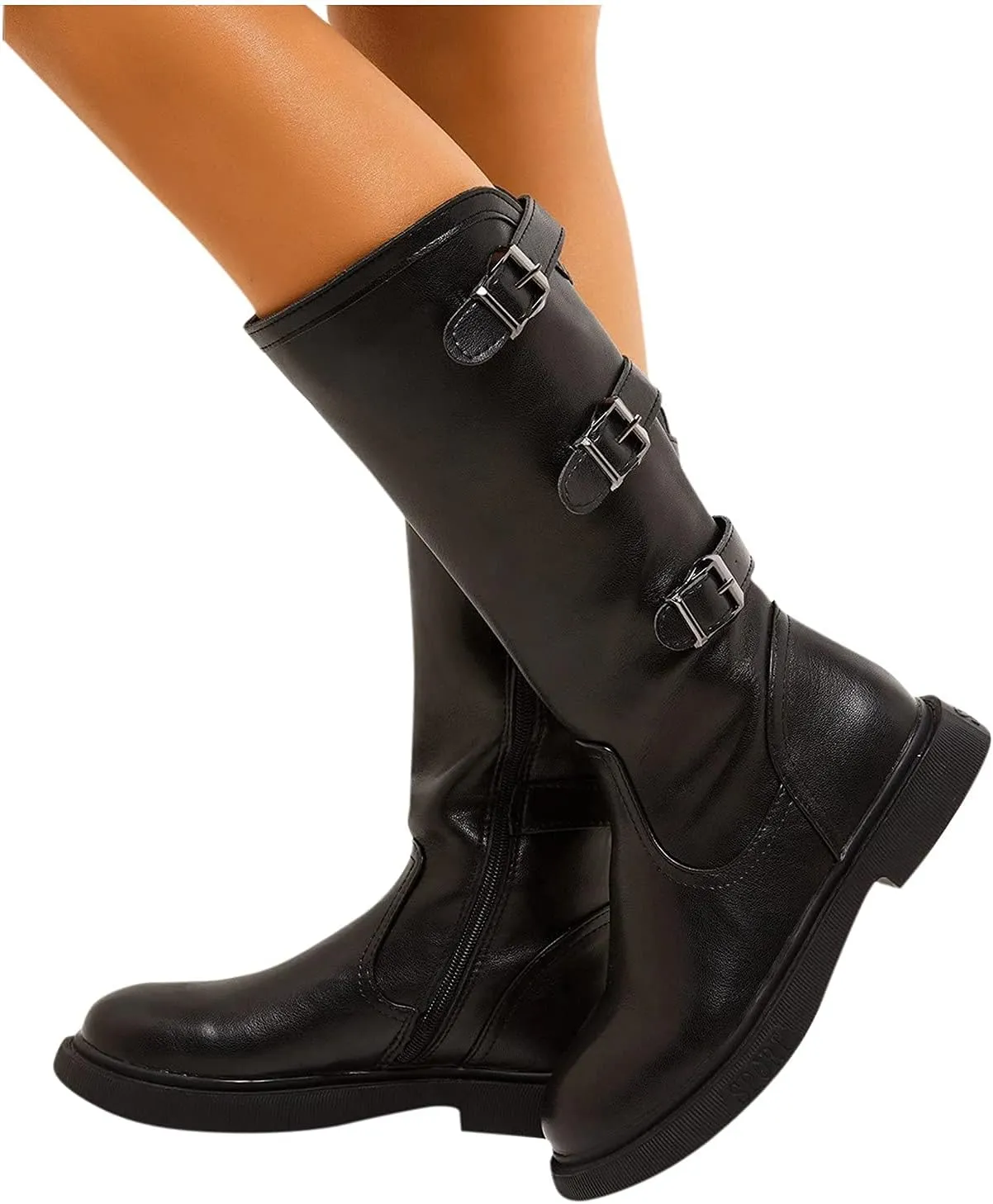 Bcshiye Women Round Toe Mid Calf Winter Boots Slip On Waterproof Riding Boots With Zipper Fashion Buckle Strap Snow Boots