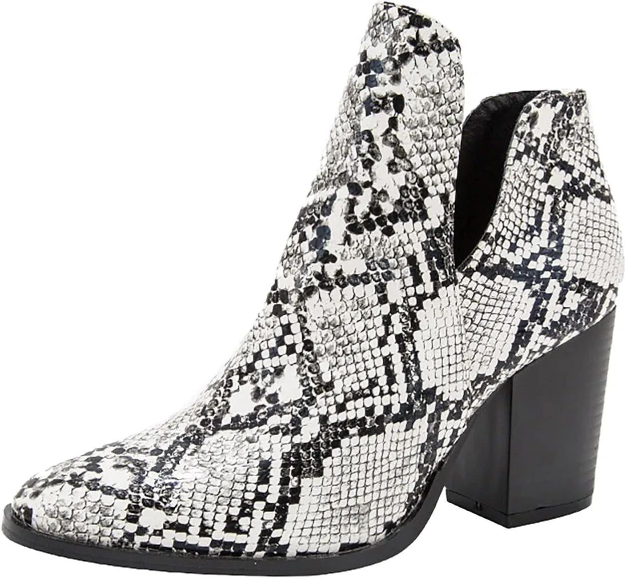 Bcshiye Womens Ankle Boots Snakeskin Printed Cutout Pointed Toe Chunky Mid Heel Booties Side Zipper Short Western Boots