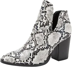Bcshiye Womens Ankle Boots Snakeskin Printed Cutout Pointed Toe Chunky Mid Heel Booties Side Zipper Short Western Boots