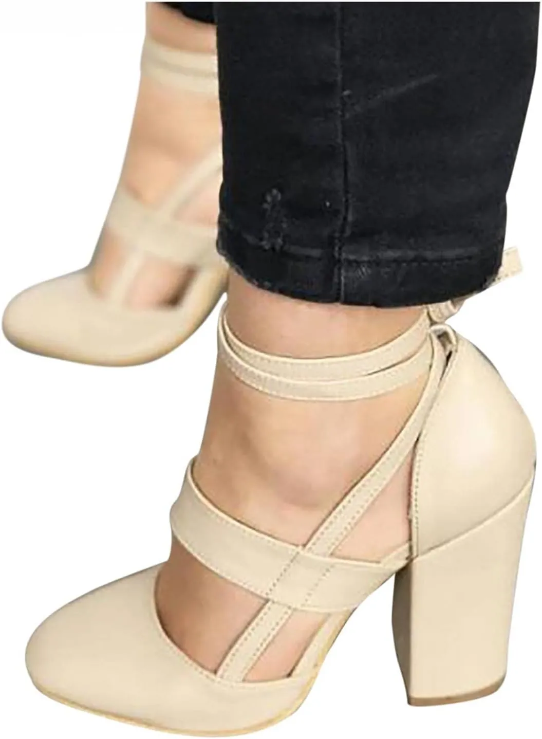 Bcshiye Womens Chunky Ankle Strappy Sandal Pumps Lace Up High Heels Fashion Leather Ankle Strap Round Toe Dressy Sandals