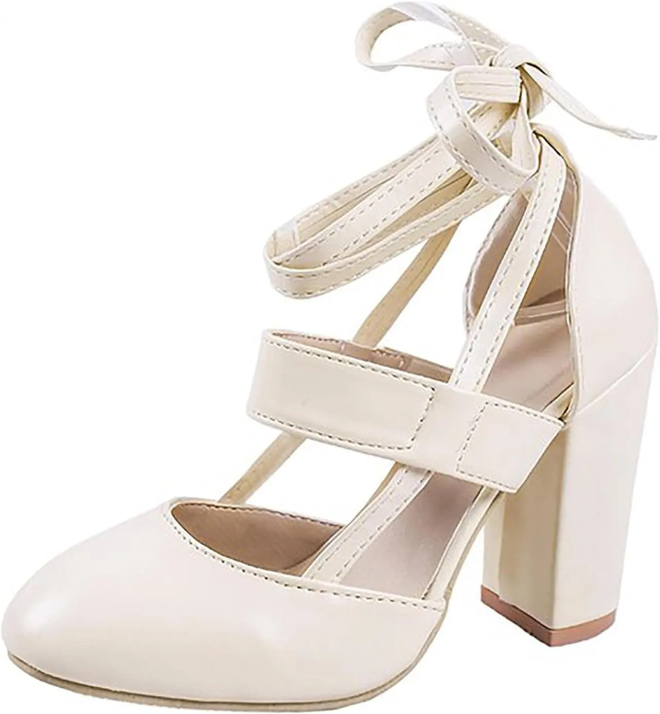 Bcshiye Womens Chunky Ankle Strappy Sandal Pumps Lace Up High Heels Fashion Leather Ankle Strap Round Toe Dressy Sandals