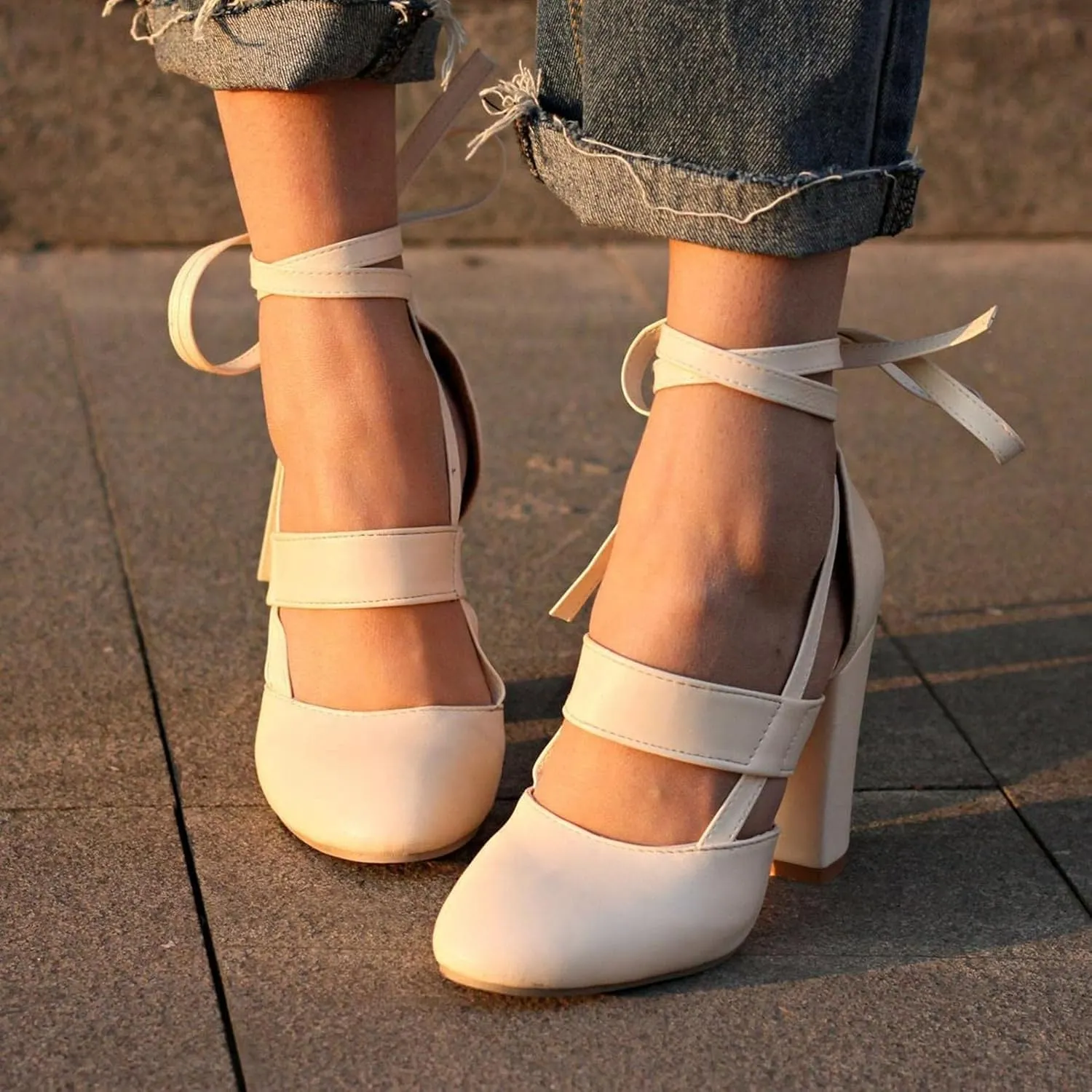 Bcshiye Womens Chunky Ankle Strappy Sandal Pumps Lace Up High Heels Fashion Leather Ankle Strap Round Toe Dressy Sandals
