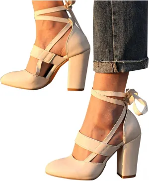 Bcshiye Womens Chunky Ankle Strappy Sandal Pumps Lace Up High Heels Fashion Leather Ankle Strap Round Toe Dressy Sandals