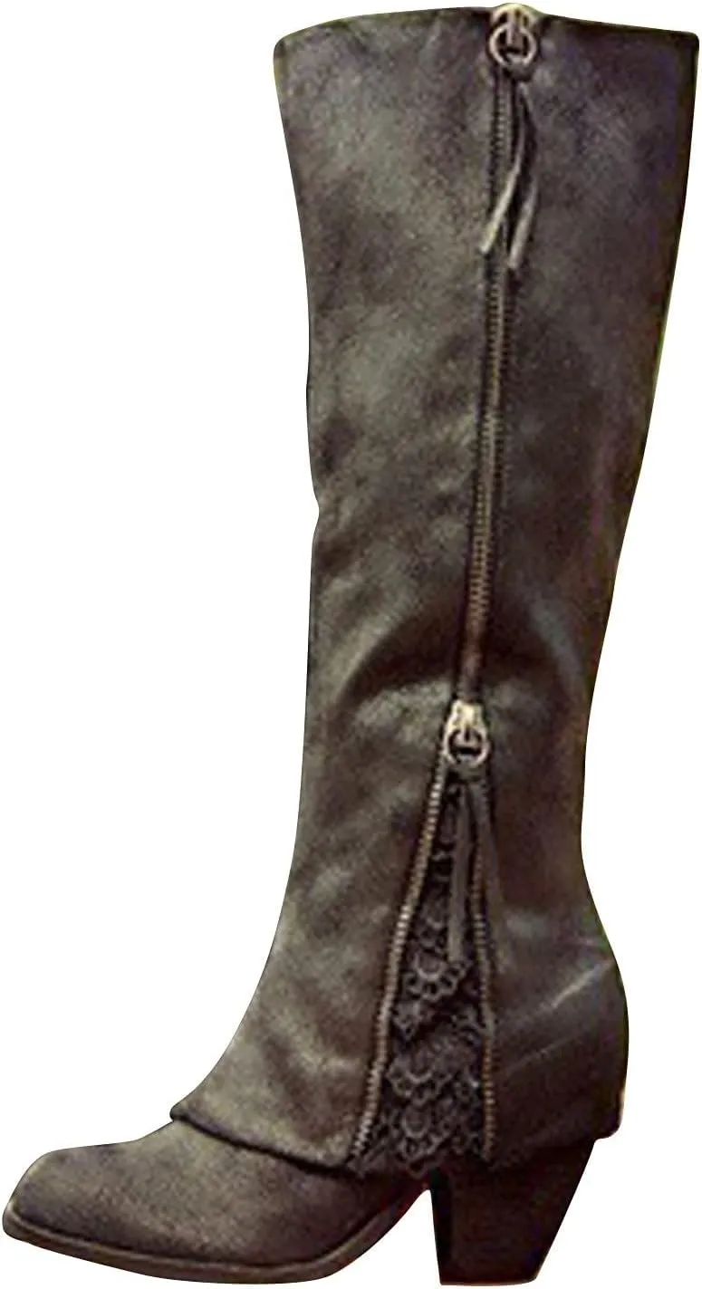 Bcshiye Women's Cowboy Boots Fashion Round Toe Low Heel Riding Boots Knee High Knight Boots Side Zipper Western Boots