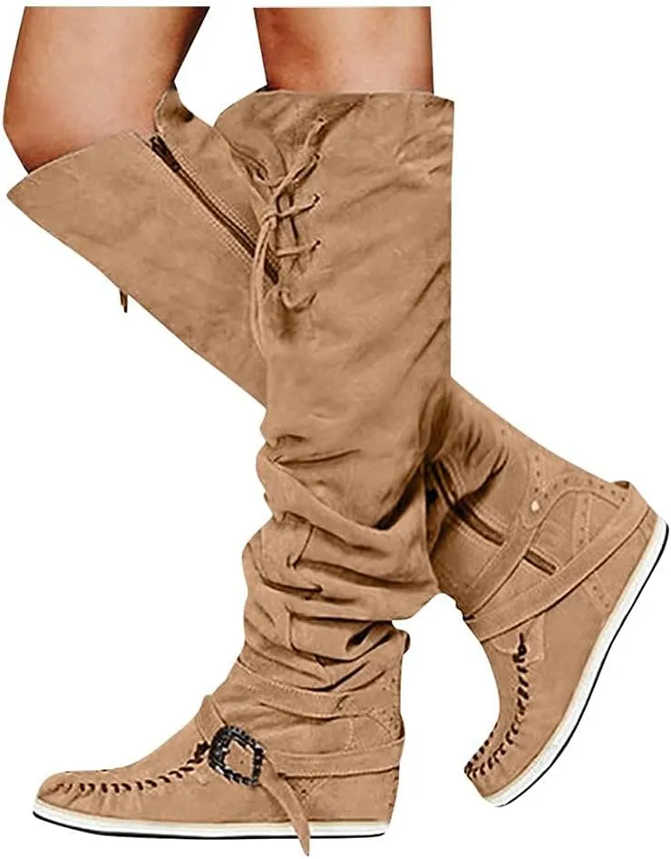 Bcshiye Women's Knee High Riding Boots Buckle Strap Tassel Western Boots Pull On Block Heel Mid Calf Combat Boots