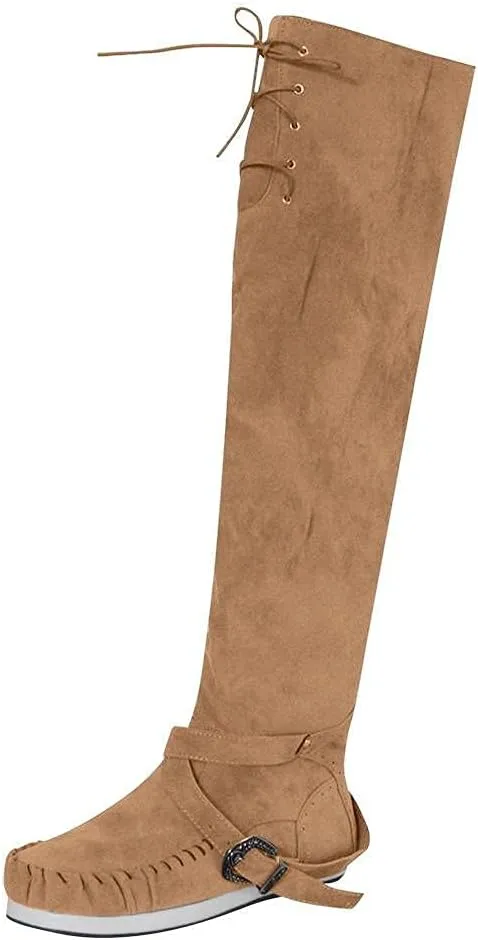 Bcshiye Women's Knee High Riding Boots Buckle Strap Tassel Western Boots Pull On Block Heel Mid Calf Combat Boots