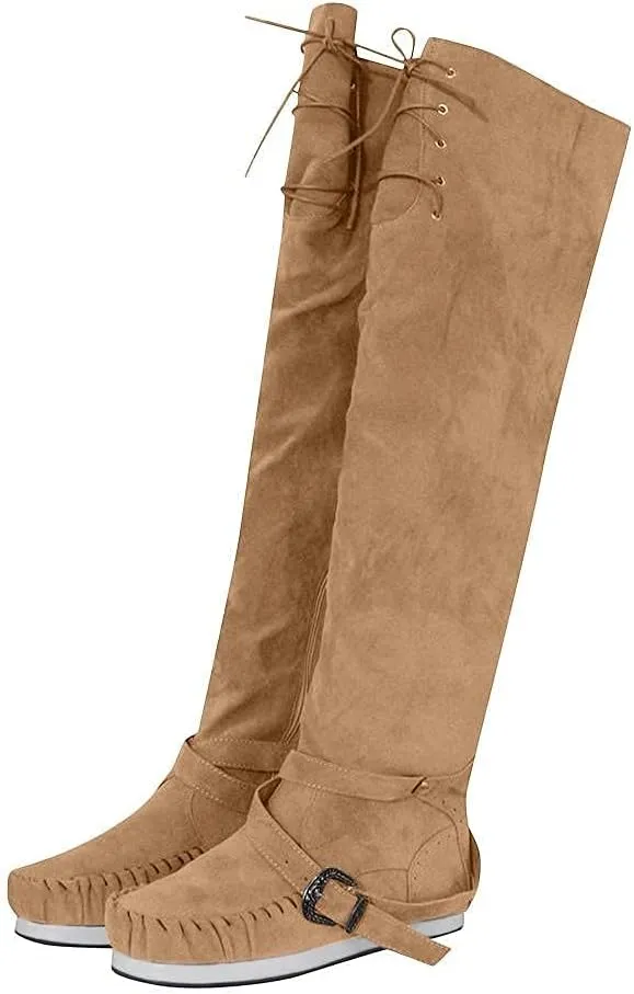 Bcshiye Women's Knee High Riding Boots Buckle Strap Tassel Western Boots Pull On Block Heel Mid Calf Combat Boots