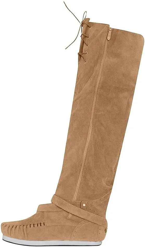 Bcshiye Women's Knee High Riding Boots Buckle Strap Tassel Western Boots Pull On Block Heel Mid Calf Combat Boots