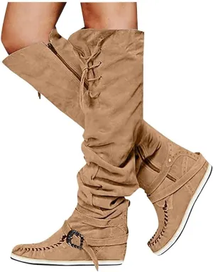 Bcshiye Women's Knee High Riding Boots Buckle Strap Tassel Western Boots Pull On Block Heel Mid Calf Combat Boots