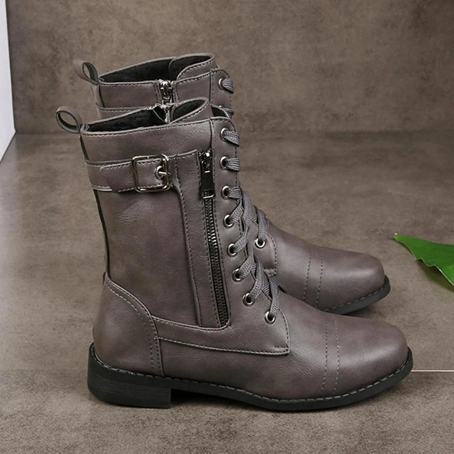 Bcshiye Women's Lace Up Combat Boot,Round Toe Chunky Low Heel Ankle Booties Slip on Fashion Leather Winter Short Booties