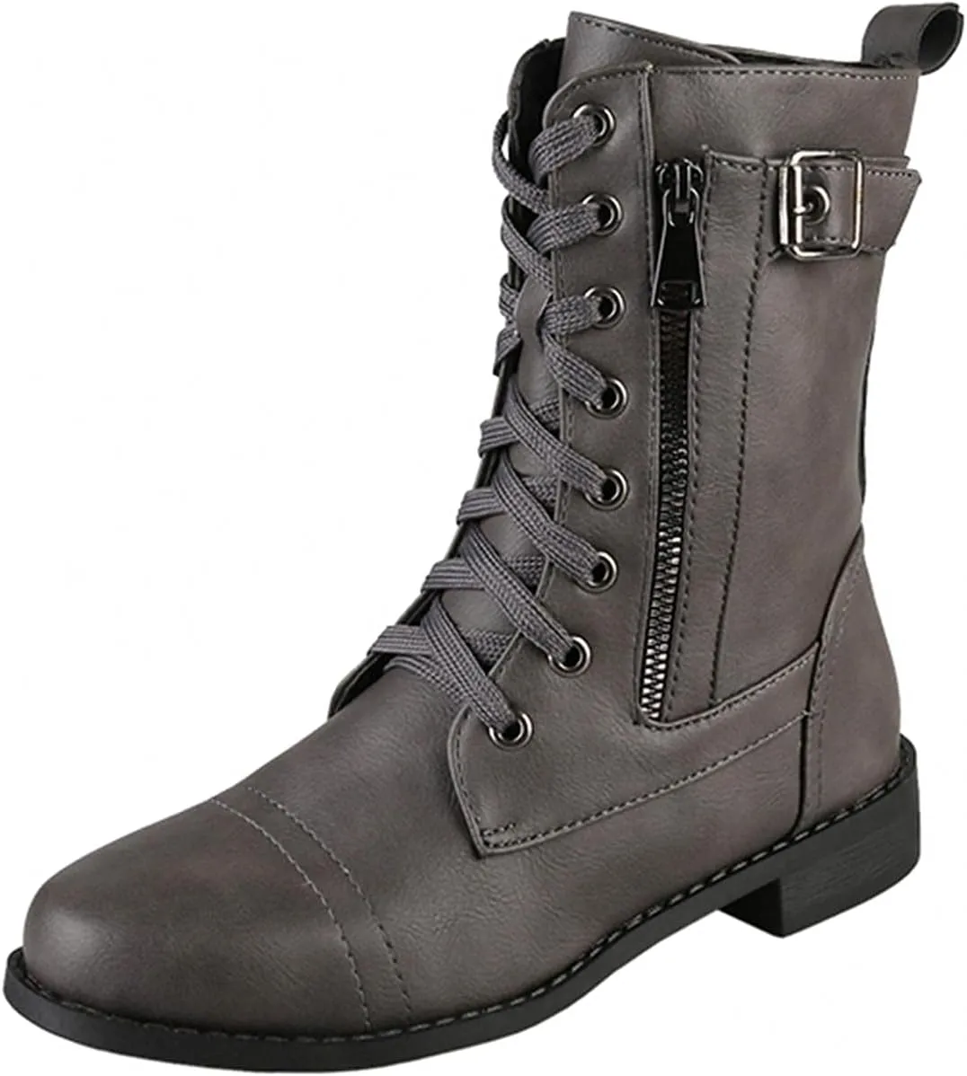 Bcshiye Women's Lace Up Combat Boot,Round Toe Chunky Low Heel Ankle Booties Slip on Fashion Leather Winter Short Booties