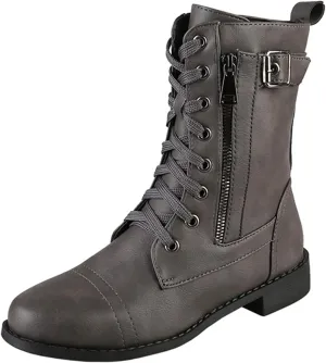 Bcshiye Women's Lace Up Combat Boot,Round Toe Chunky Low Heel Ankle Booties Slip on Fashion Leather Winter Short Booties