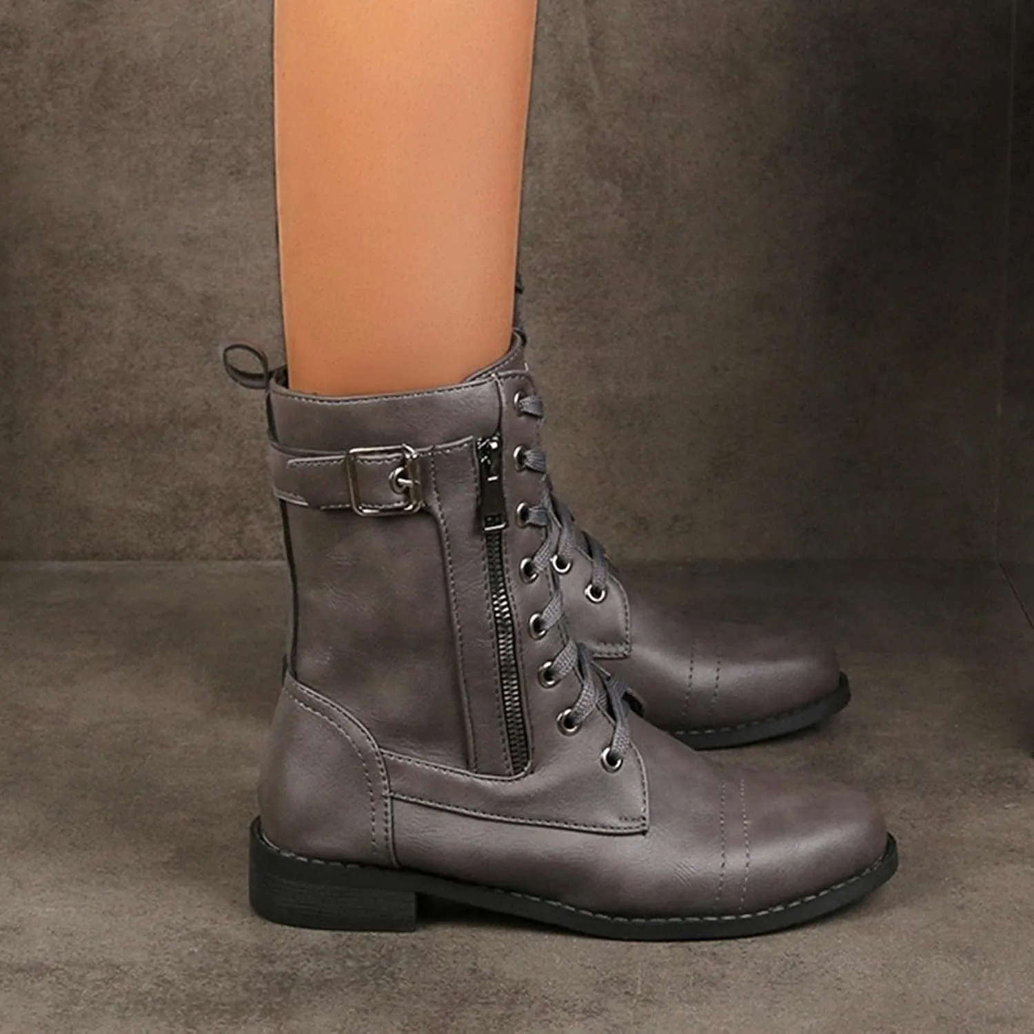 Bcshiye Women's Lace Up Combat Boot,Round Toe Chunky Low Heel Ankle Booties Slip on Fashion Leather Winter Short Booties