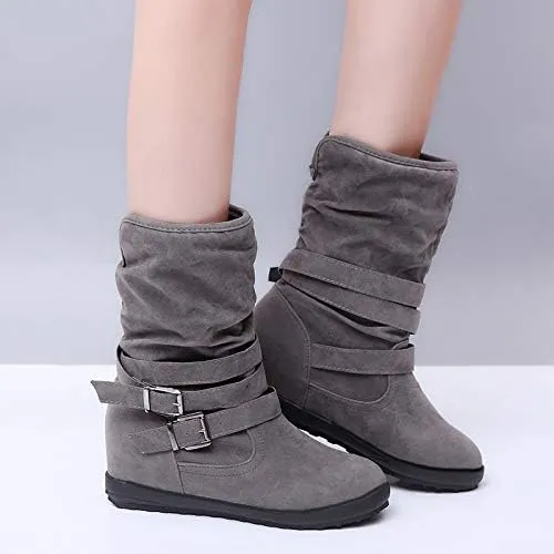 Bcshiye Women's Mid Calf Slouch Ankle Boots - Wide Width, Flat Heels, Vintage Winter Snow Riding Boots