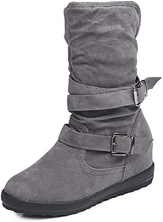 Bcshiye Women's Mid Calf Slouch Ankle Boots - Wide Width, Flat Heels, Vintage Winter Snow Riding Boots
