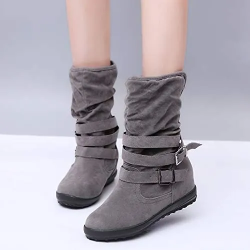 Bcshiye Women's Mid Calf Slouch Ankle Boots - Wide Width, Flat Heels, Vintage Winter Snow Riding Boots