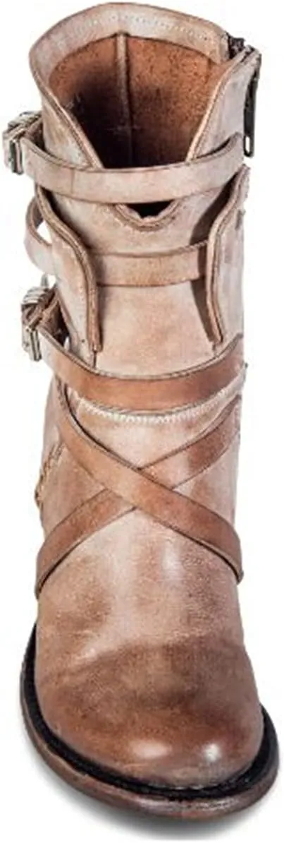 Bcshiye Women's Western Ankle Boot,Chunky Heel Wide Width Mid Calf Boots Retro Buckle Strap Slip On Dress Combat Boots