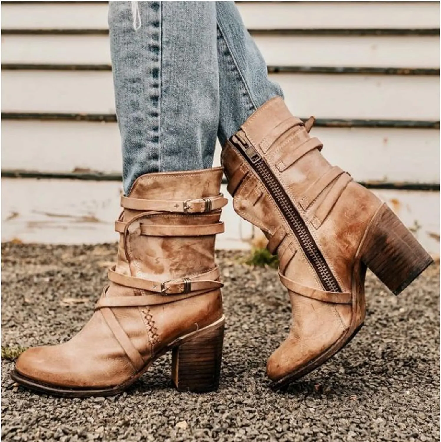 Bcshiye Women's Western Ankle Boot,Chunky Heel Wide Width Mid Calf Boots Retro Buckle Strap Slip On Dress Combat Boots