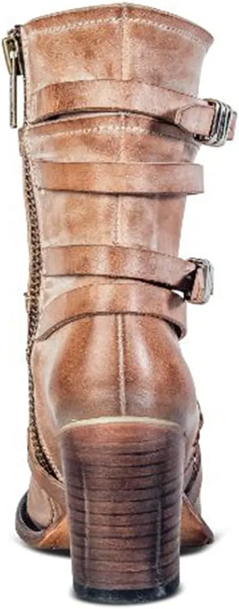 Bcshiye Women's Western Ankle Boot,Chunky Heel Wide Width Mid Calf Boots Retro Buckle Strap Slip On Dress Combat Boots