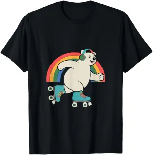 Bear In A Roller Skate Shoes Rainbow Kawaii Roller Skating T-Shirt