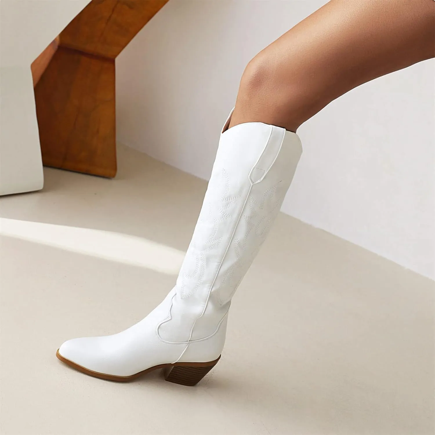 Boots For Women Fashion Dressy Comfortable Embroidered Western Cowboy Cowgirl Style Knee High Retro Classic Boot Pull-On