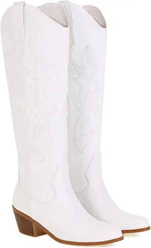 Boots For Women Fashion Dressy Comfortable Embroidered Western Cowboy Cowgirl Style Knee High Retro Classic Boot Pull-On