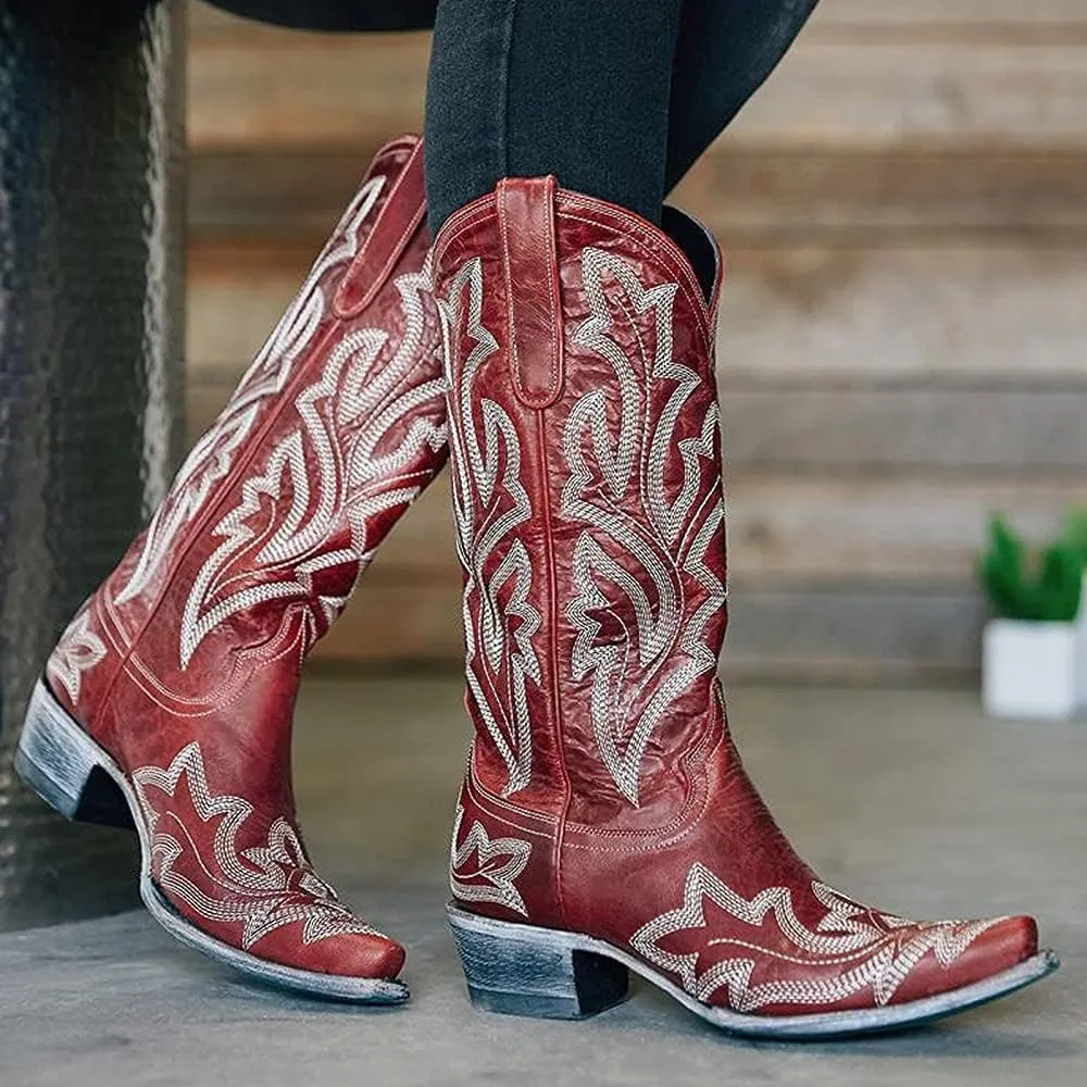 Boots For Women Fashion Dressy Low Heel Western Cowboy Cowgirl Boots Knee High Embroidered Pointed Toe Classic Boot Pull-On