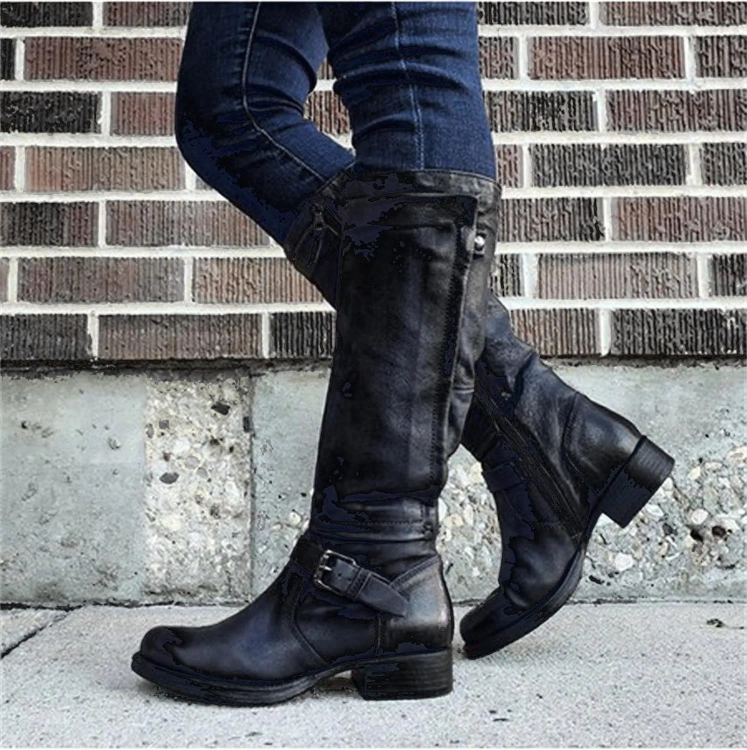 Boots For Women Knee High Wide Calf Leather Mid Calf Dress Boots Winter Fashion Western Biker Motorcycle Riding Boots