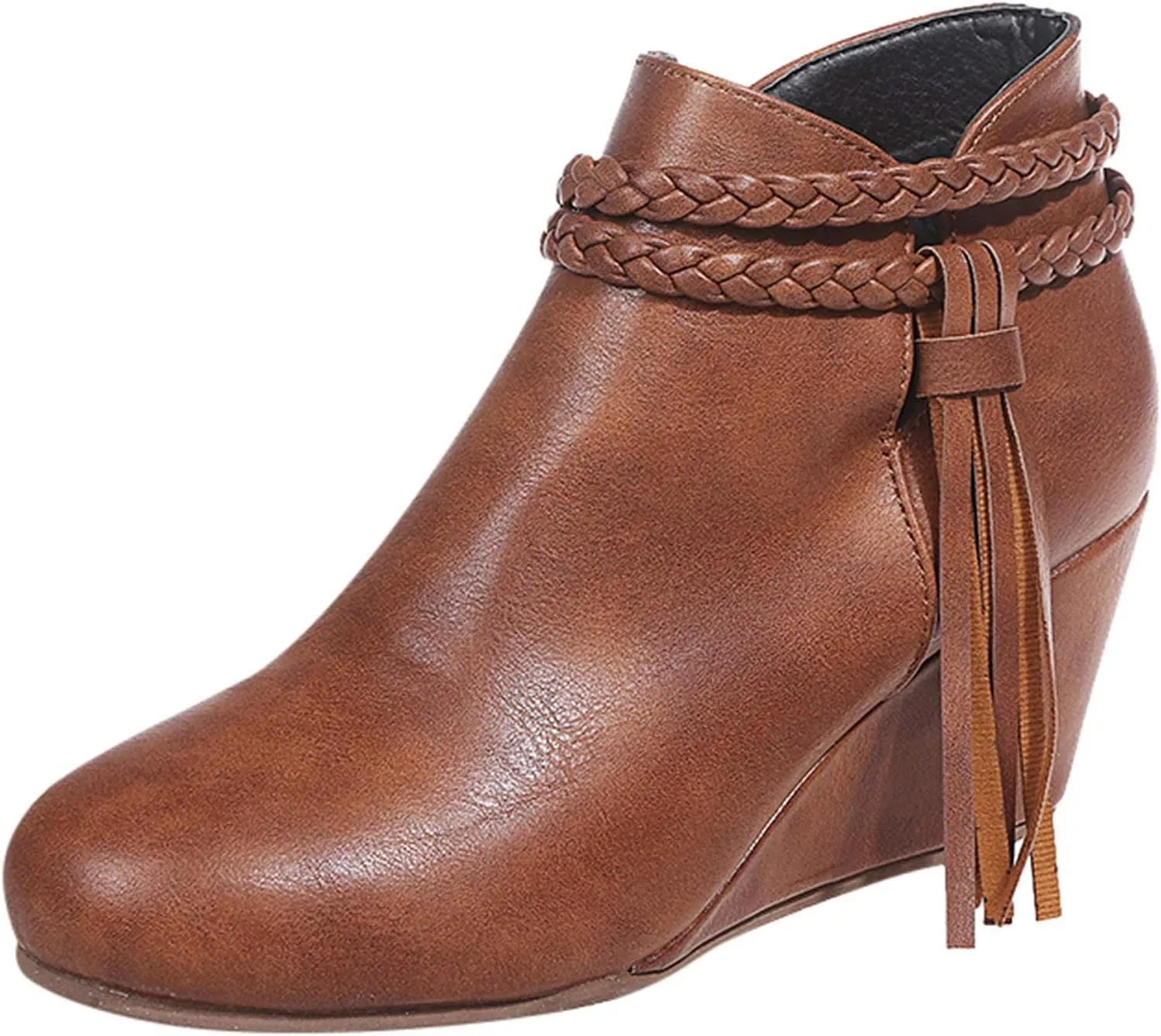 BORAMAX Women's Casual Ankle Boots Flat Winter Chunky Heel Fringed Western Boots Pointed Toe Anckle Boots Riding Boots Black