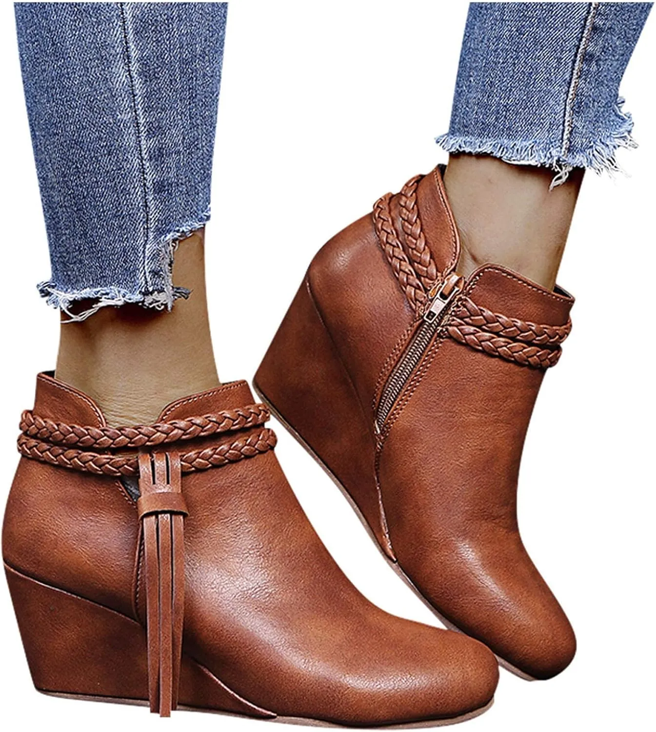 BORAMAX Women's Casual Ankle Boots Flat Winter Chunky Heel Fringed Western Boots Pointed Toe Anckle Boots Riding Boots Black