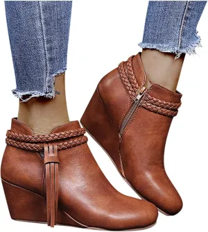 BORAMAX Women's Casual Ankle Boots Flat Winter Chunky Heel Fringed Western Boots Pointed Toe Anckle Boots Riding Boots Black