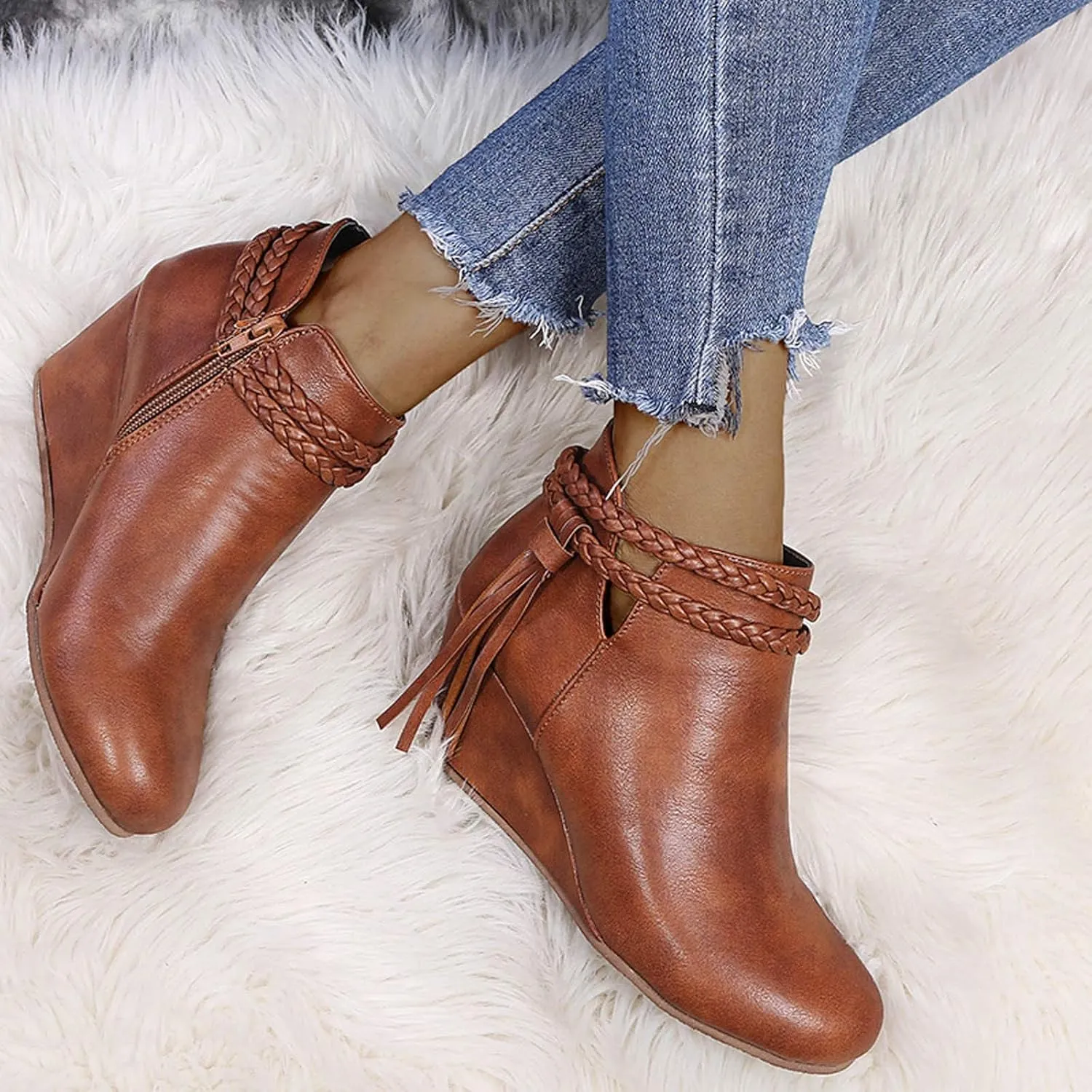 BORAMAX Women's Casual Ankle Boots Flat Winter Chunky Heel Fringed Western Boots Pointed Toe Anckle Boots Riding Boots Black
