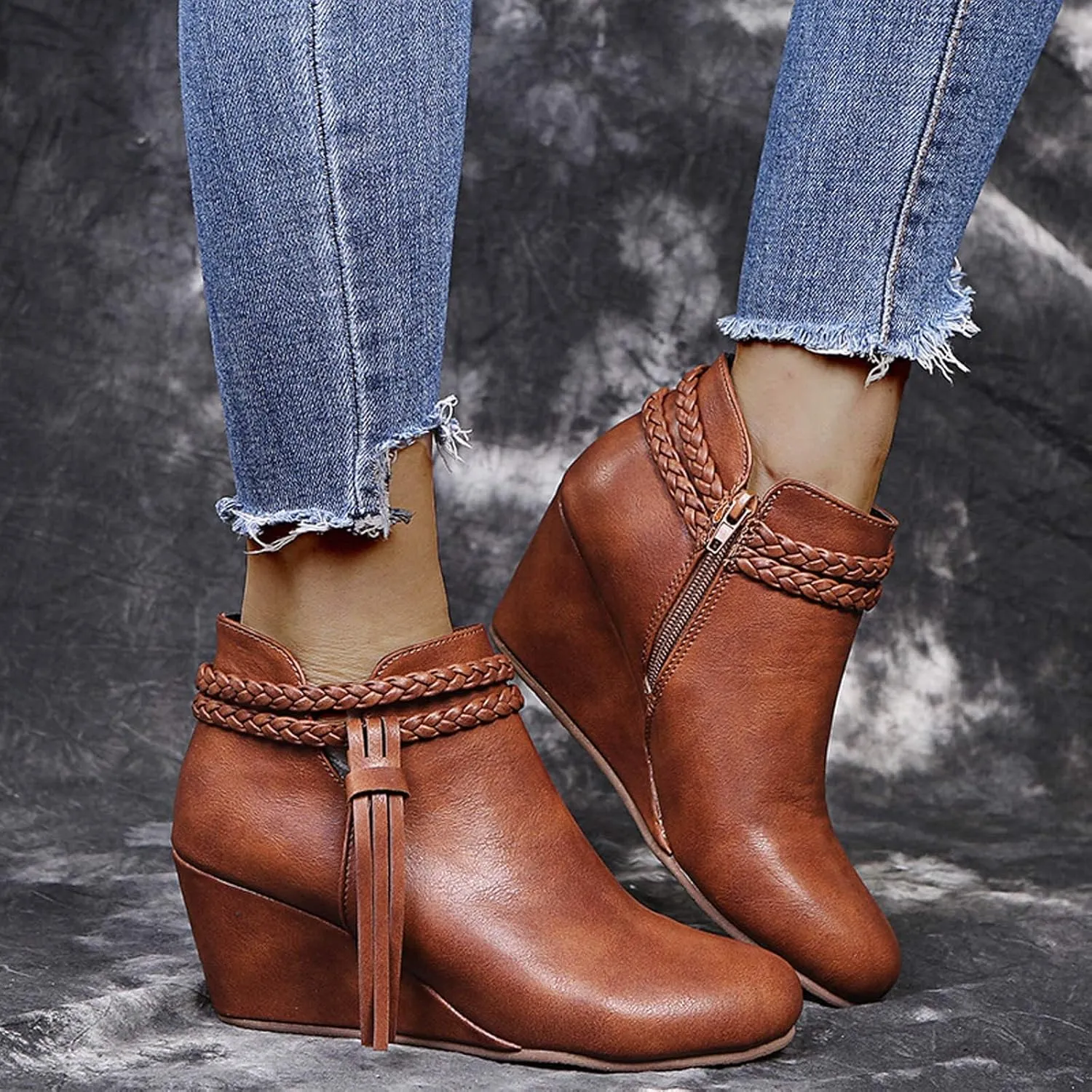 BORAMAX Women's Casual Ankle Boots Flat Winter Chunky Heel Fringed Western Boots Pointed Toe Anckle Boots Riding Boots Black