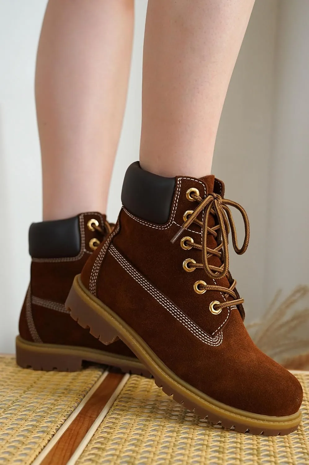 Cape Robbin Cow Suede Leather Slip-Resistant Ankle Boots Womens - Lace-Up Combat Boots - Water-Resistant Fall Moto Boots, Womens Winter Combat Boots (Alecia.A)