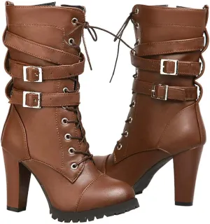 Caradise Womens Lace Up Mid Calf Goth Chunky Heel Combat Boots with Buckles