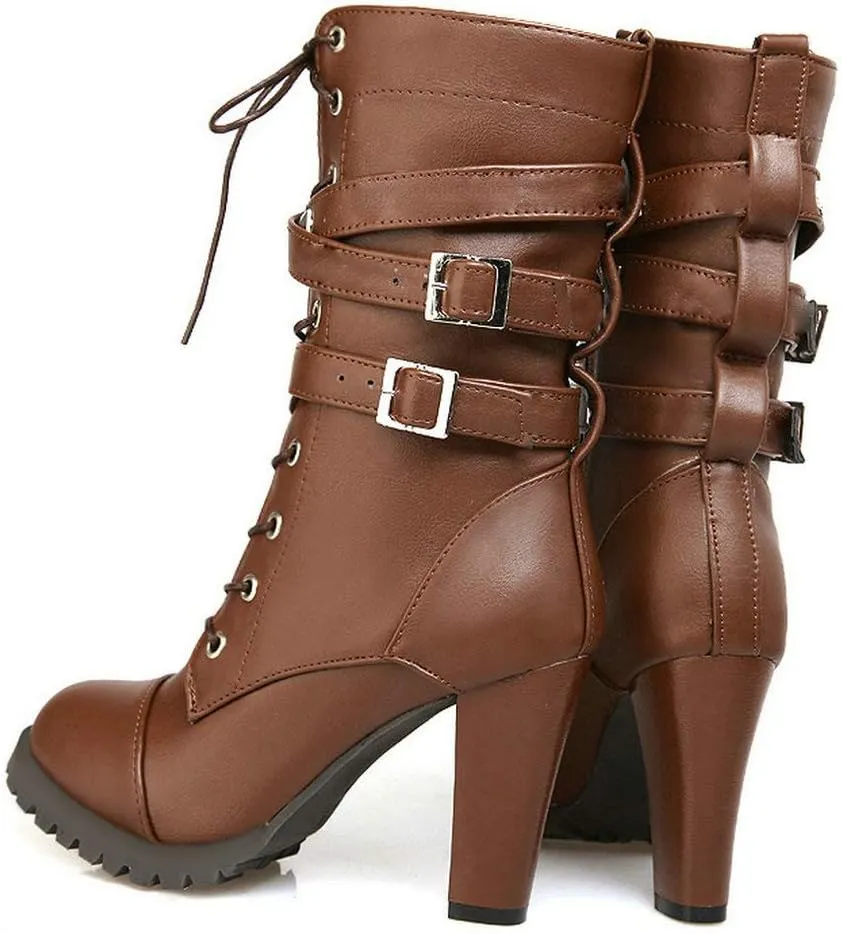 Caradise Womens Lace Up Mid Calf Goth Chunky Heel Combat Boots with Buckles