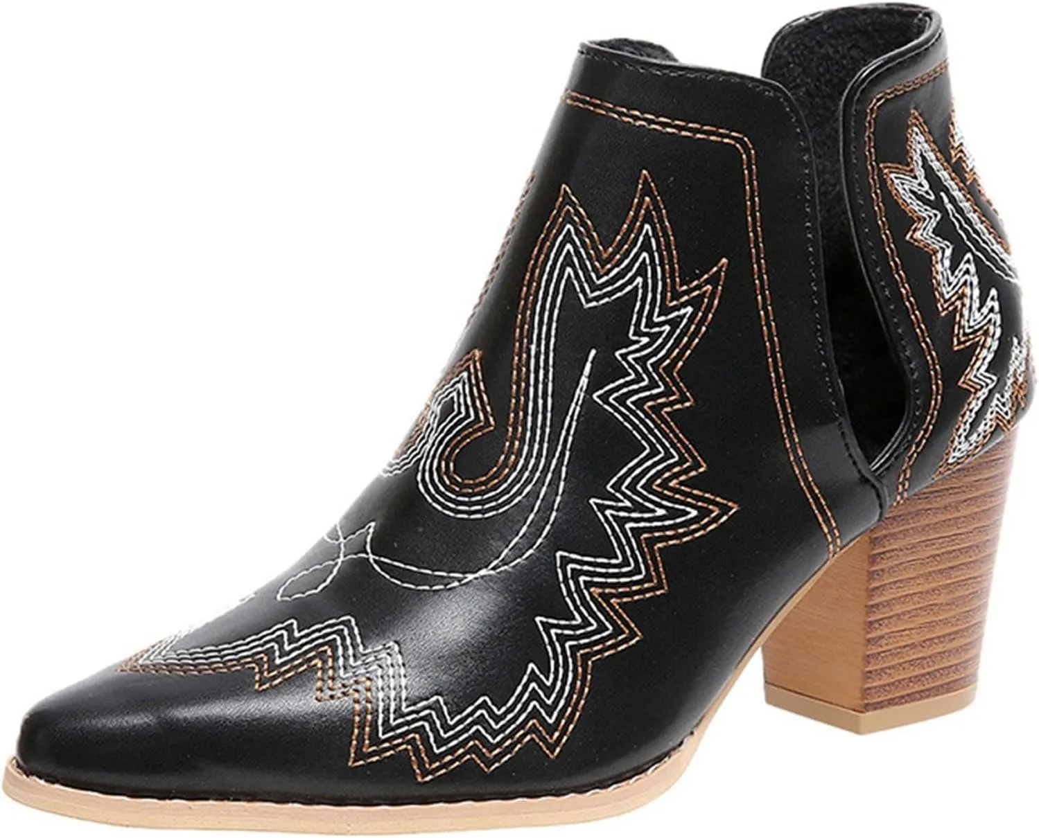 Cathalem Ankle Boots for Women Cowgirl Cowboy Western Embroidered Stitched Pointed Toe Cutout Chunky Heels Short Boots
