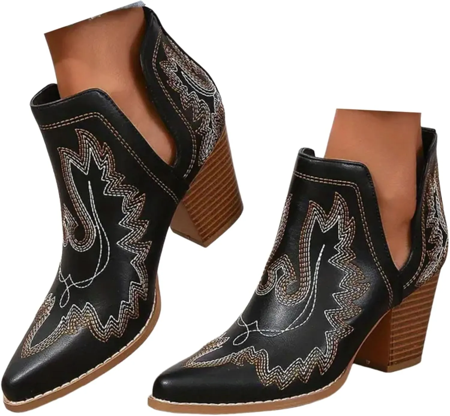 Cathalem Ankle Boots for Women Cowgirl Cowboy Western Embroidered Stitched Pointed Toe Cutout Chunky Heels Short Boots