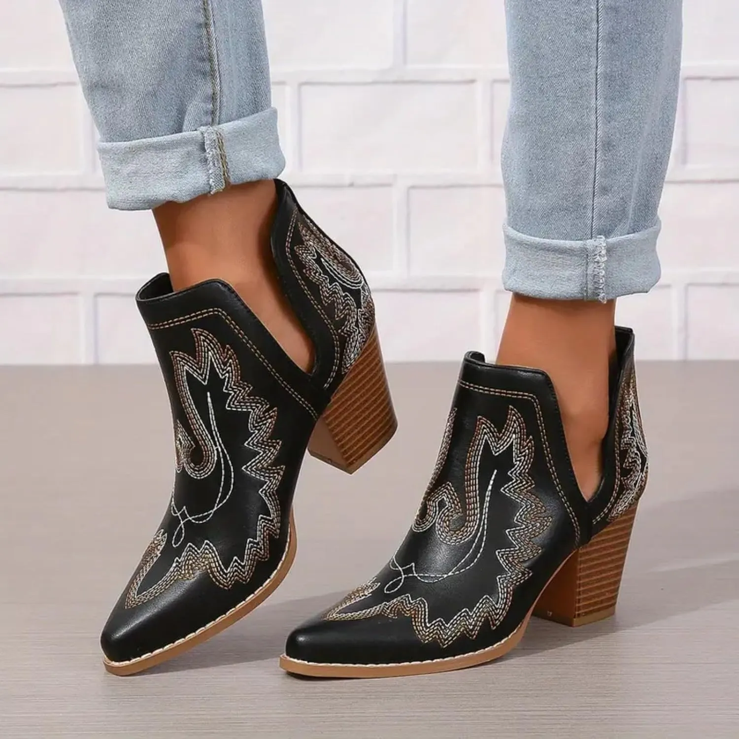 Cathalem Ankle Boots for Women Cowgirl Cowboy Western Embroidered Stitched Pointed Toe Cutout Chunky Heels Short Boots