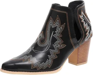 Cathalem Ankle Boots for Women Cowgirl Cowboy Western Embroidered Stitched Pointed Toe Cutout Chunky Heels Short Boots