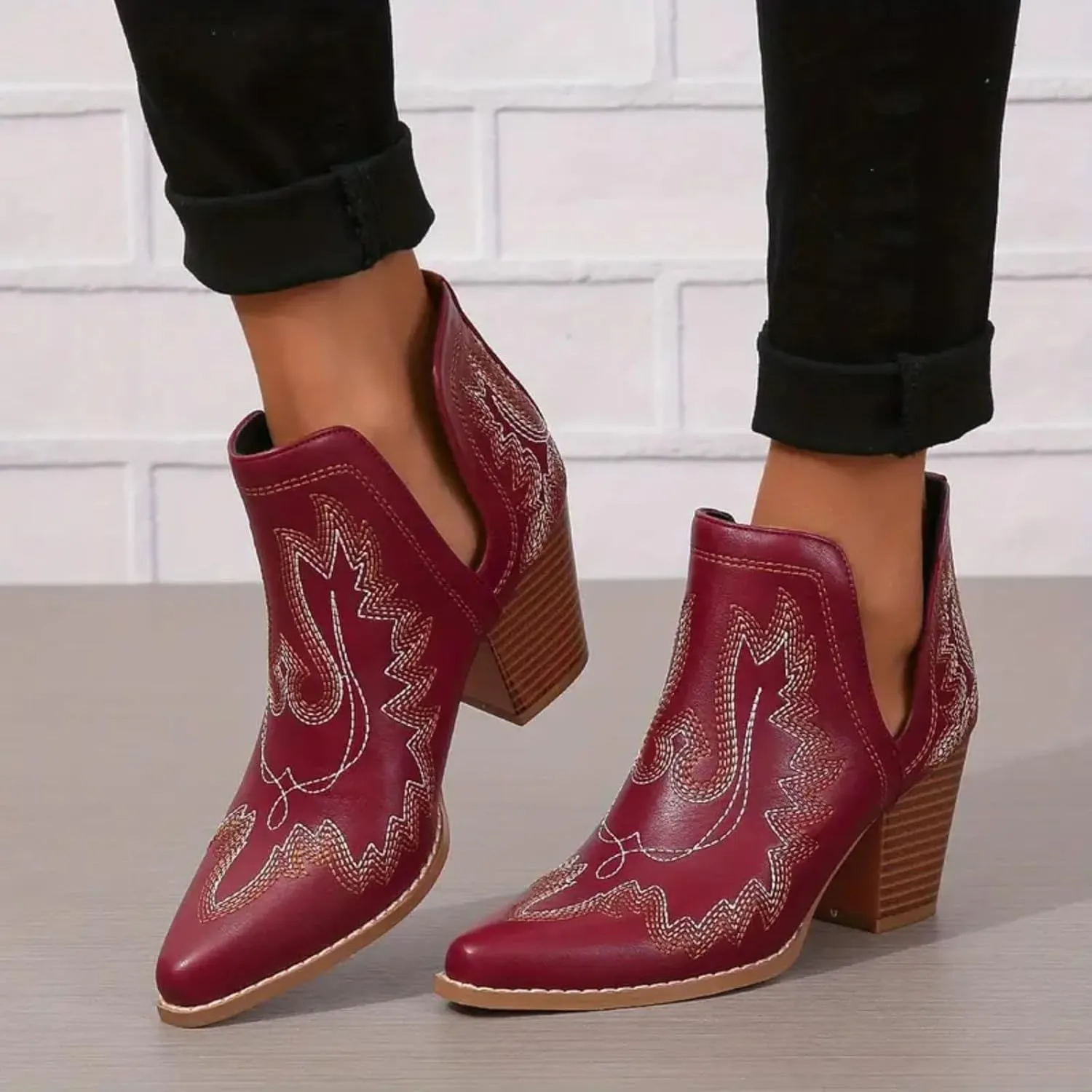 Cathalem Cowboy Boots for Women 2024 Cowgirl Ankle Western Embroidered Stitched Pointed Toe Cutout Chunky Heels Short Booties