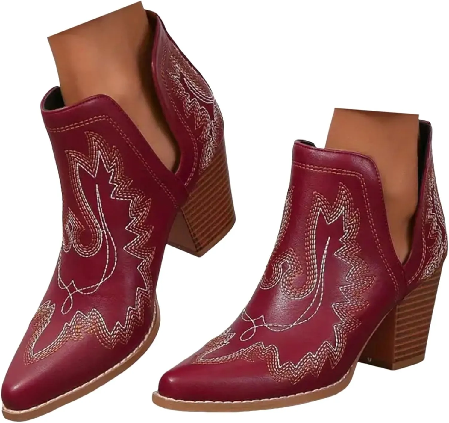 Cathalem Cowboy Boots for Women 2024 Cowgirl Ankle Western Embroidered Stitched Pointed Toe Cutout Chunky Heels Short Booties
