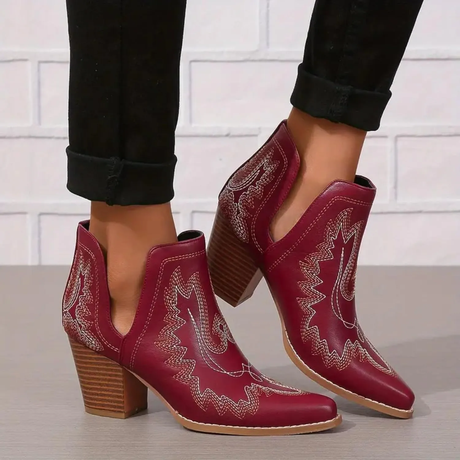 Cathalem Cowboy Boots for Women 2024 Cowgirl Ankle Western Embroidered Stitched Pointed Toe Cutout Chunky Heels Short Booties