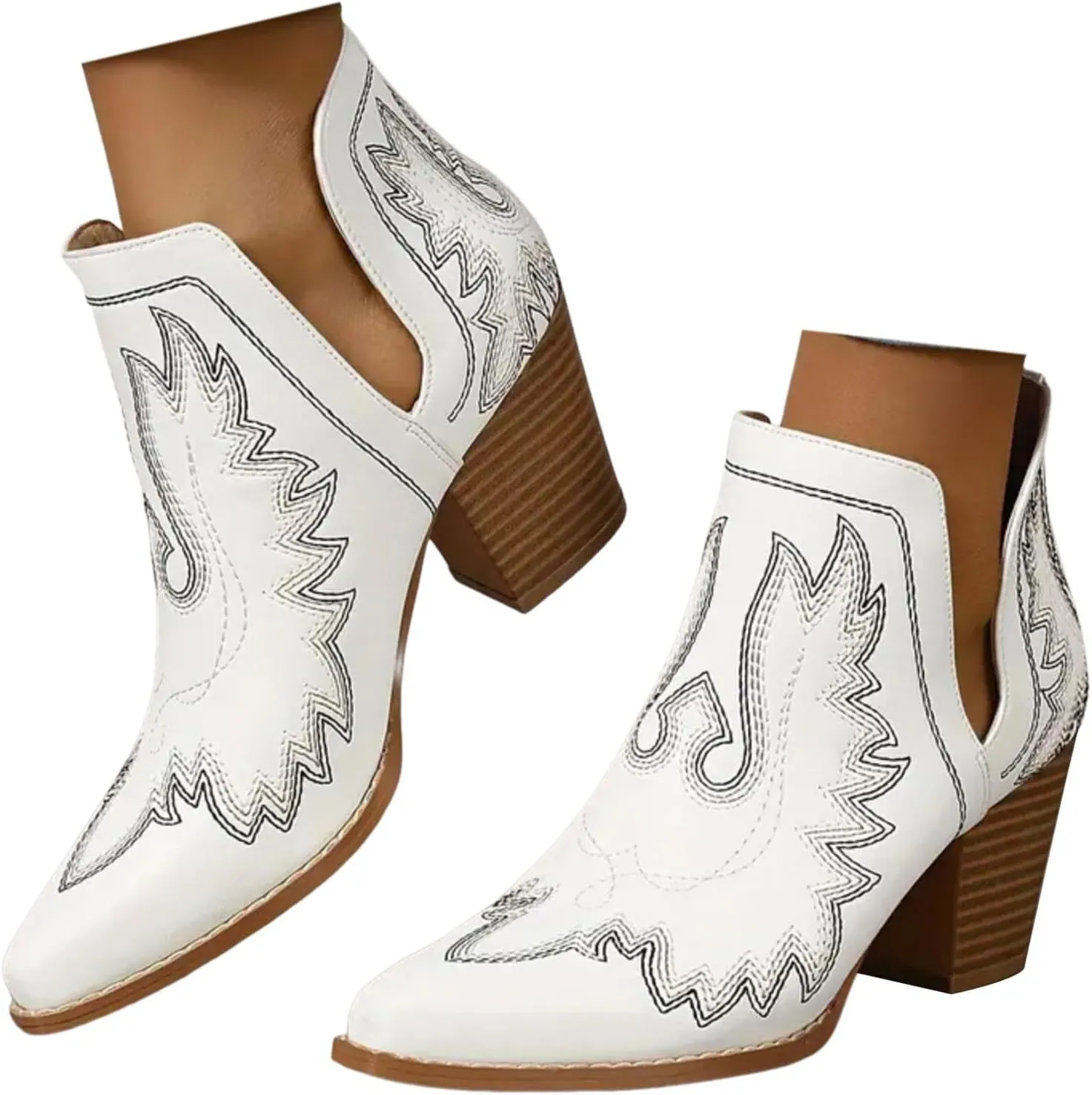 Cathalem Cowgirl Boots for Women Cowboy Ankle Western Embroidered Stitched Pointed Toe Cutout Chunky Heels Short Booties