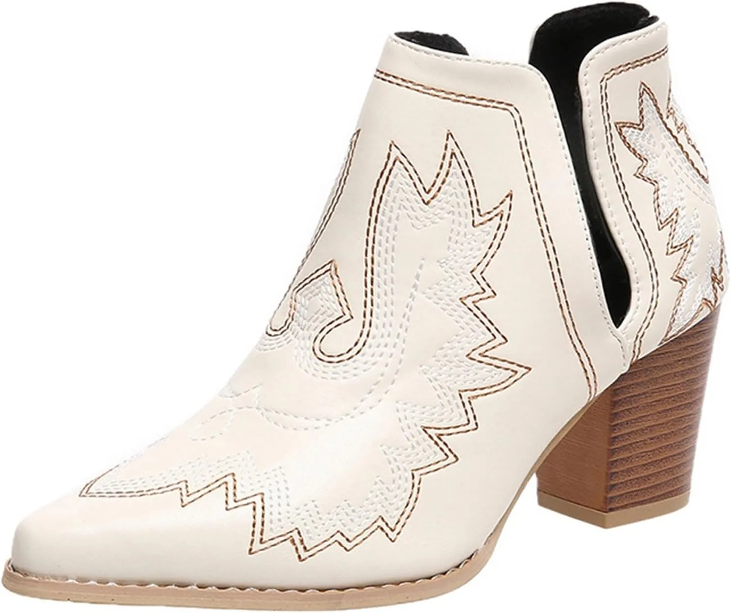 Cathalem Cowgirl Boots for Women Cowboy Ankle Western Embroidered Stitched Pointed Toe Cutout Chunky Heels Short Booties