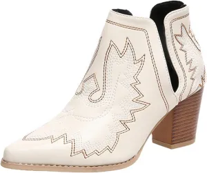 Cathalem Cowgirl Boots for Women Cowboy Ankle Western Embroidered Stitched Pointed Toe Cutout Chunky Heels Short Booties