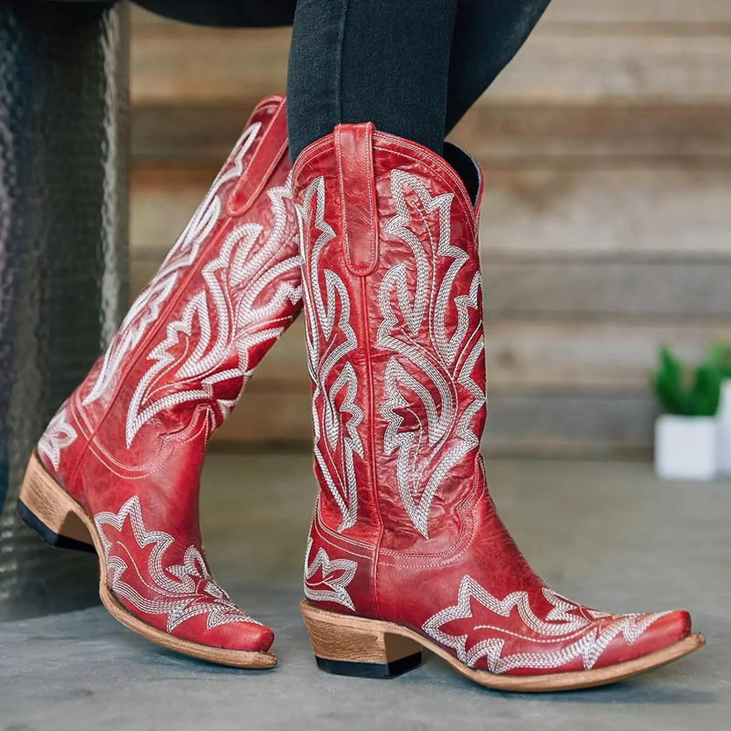 Cathalem Cowgirl Boots for Women Wide Calf Knee High Embroidered Western Cowboy Boots Pointed Toe Chunky Heel Boots